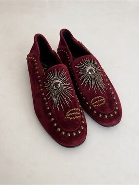 Lola Cruz Burgundy Velvet Embellished Eye Loafers Smoking Flats Size 37